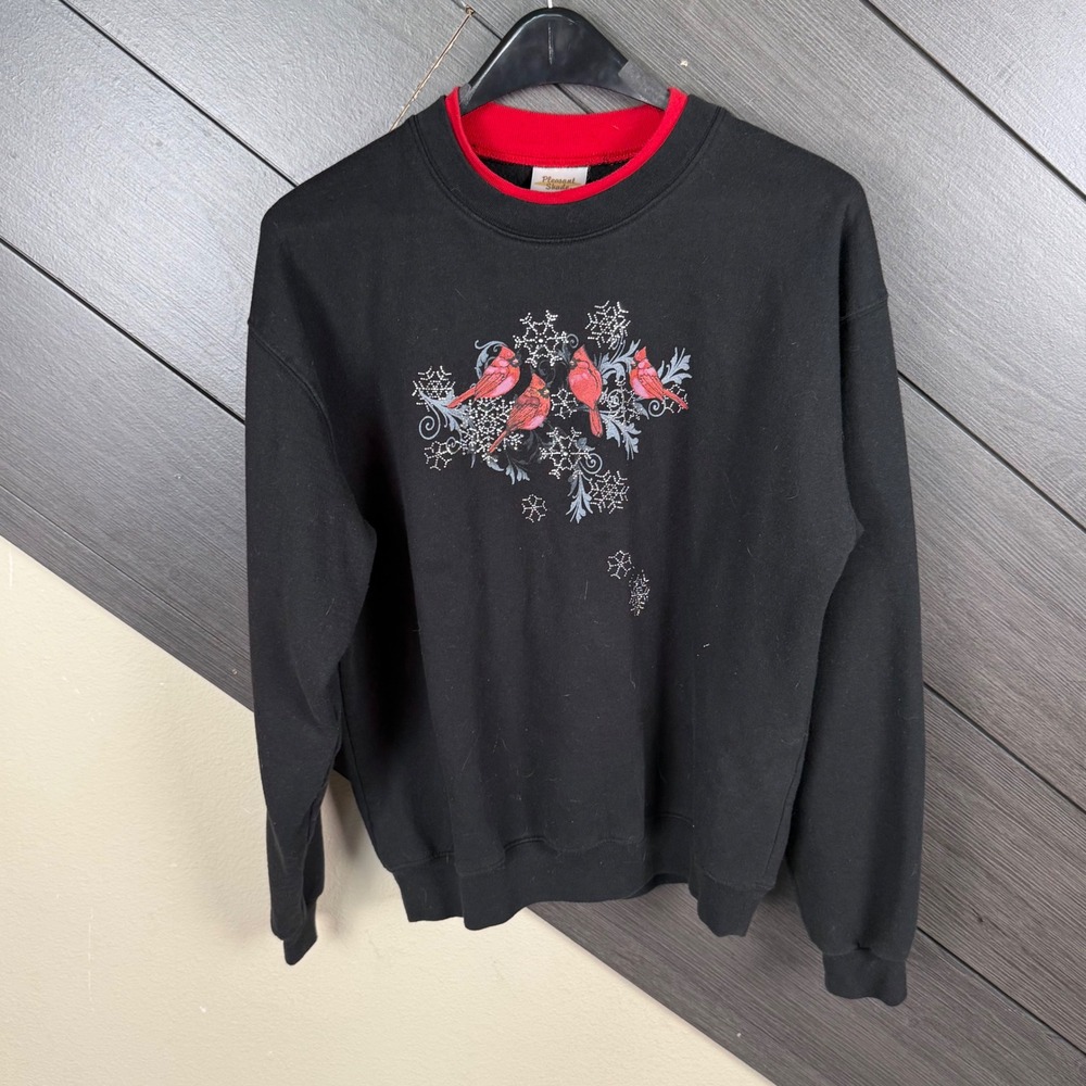 Pleasant Shade Women's Medium Black Red Cardinal Christmas Sweatshirt Gems Y2K
